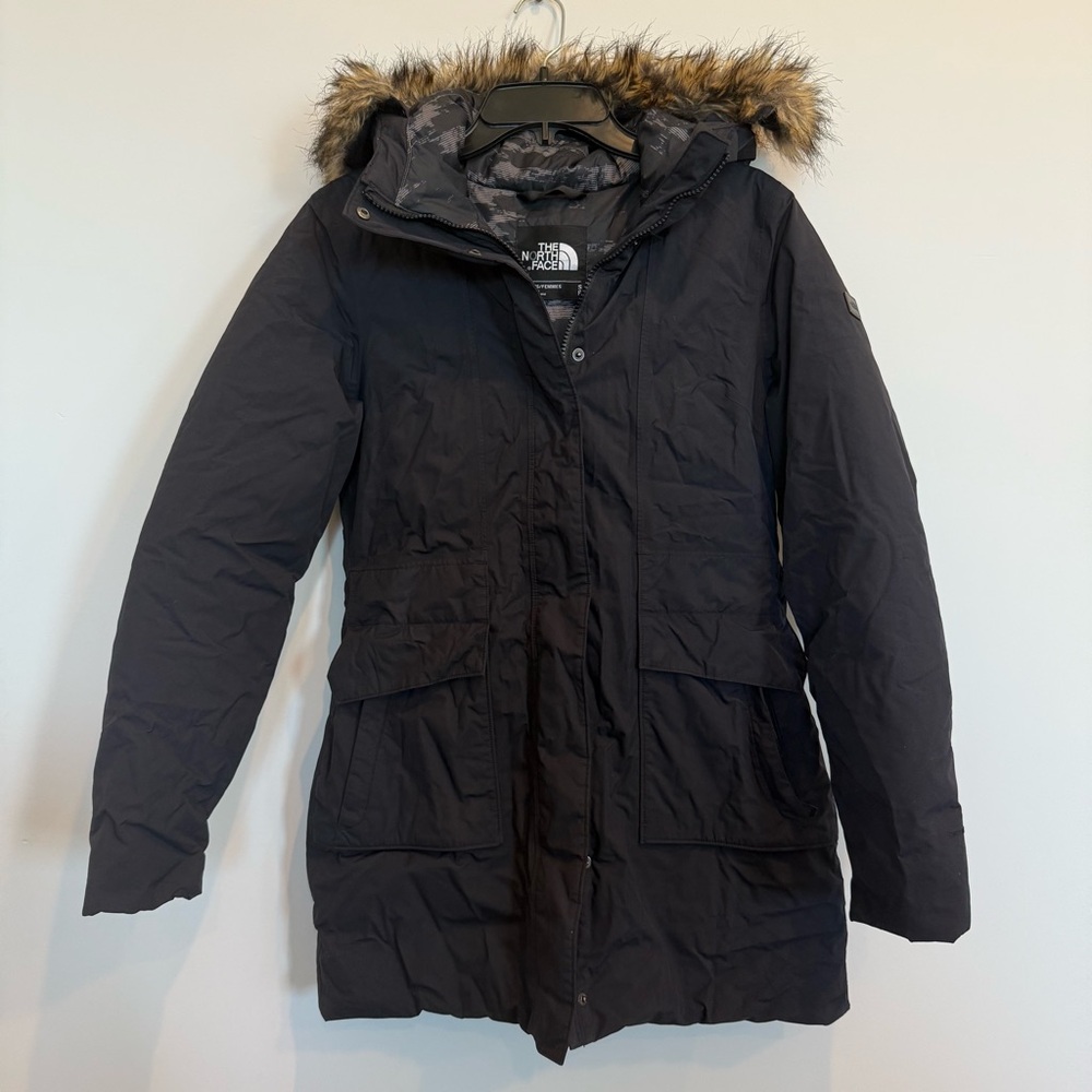 The North Face Women's Black Parka Jacket Coat faux fur trim size small winter